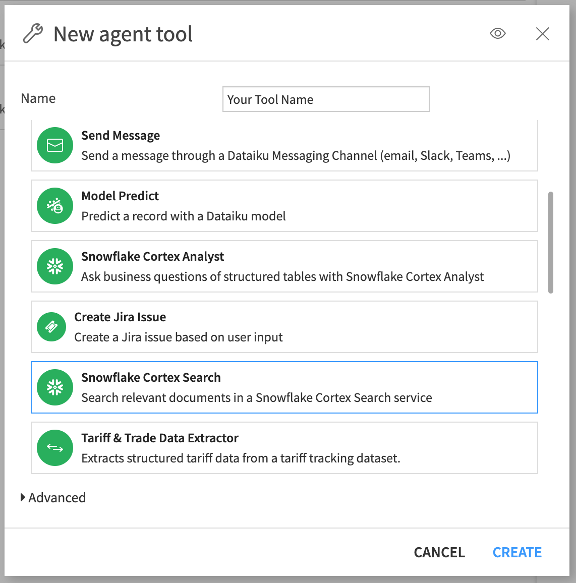 Fig 1. Create a new Cortex Search tool
