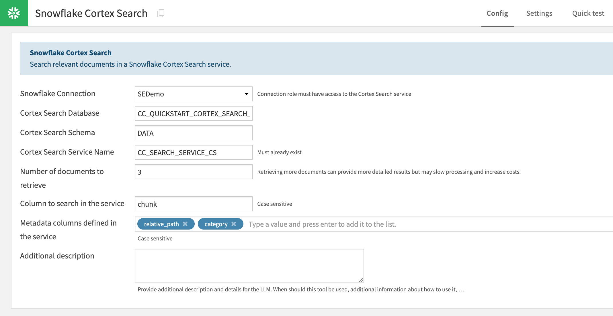 Fig 2. Configure the Cortex Search tool