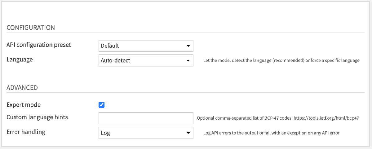 Text detection for documents – Recipe Settings