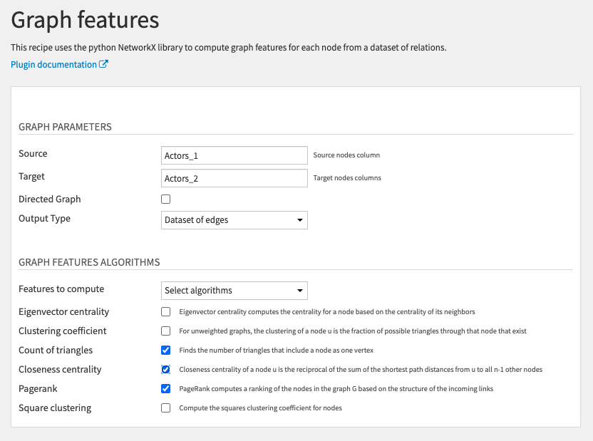 Graph features recipe