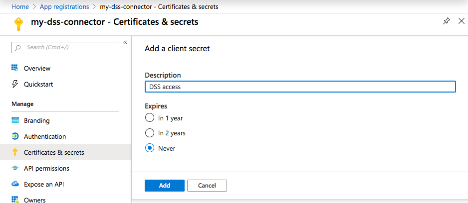 Add a client secret to the app