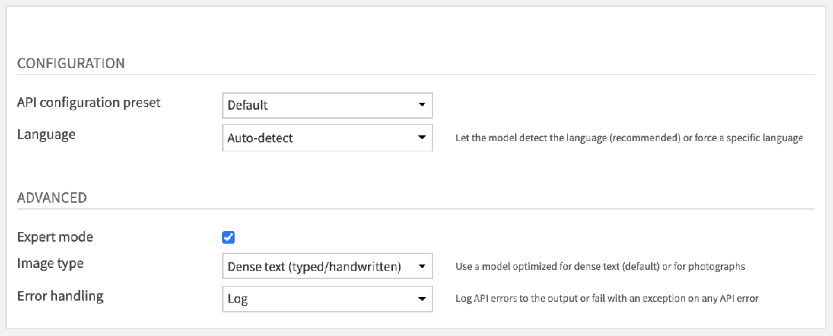 Text detection for images – Recipe Settings