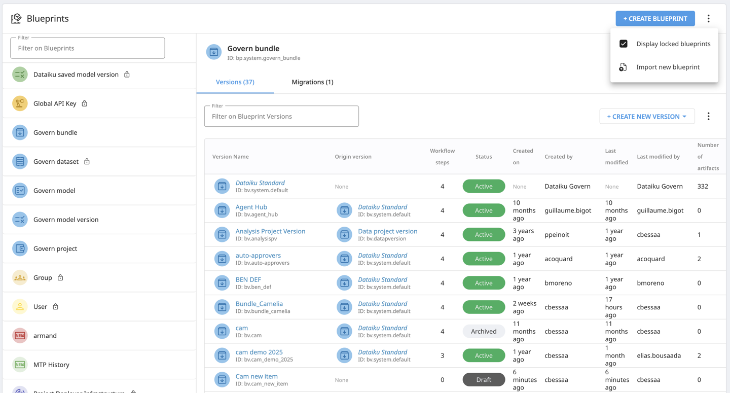 Locked and editable blueprints with their versions in the Blueprint Designer