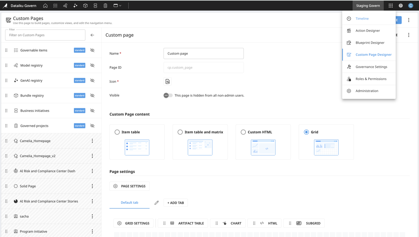 Custom Page Designer with the page list and grid page editor