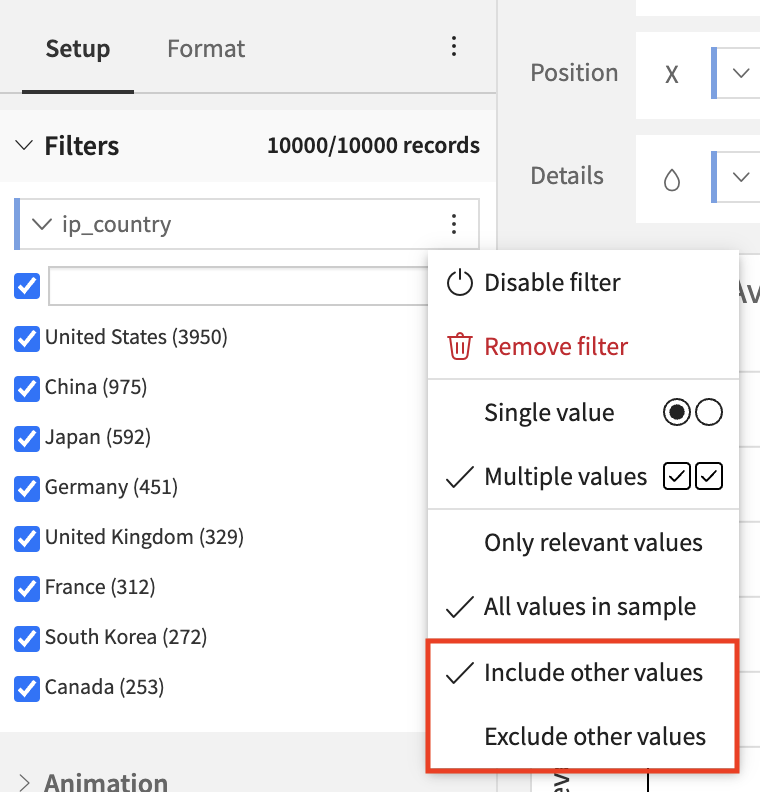 The Include other values and Exclude other values options in a filter settings menu