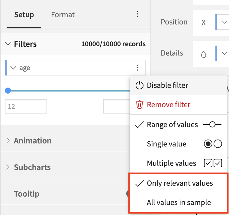 The Only relevant values and All values in sample options in a filter settings menu