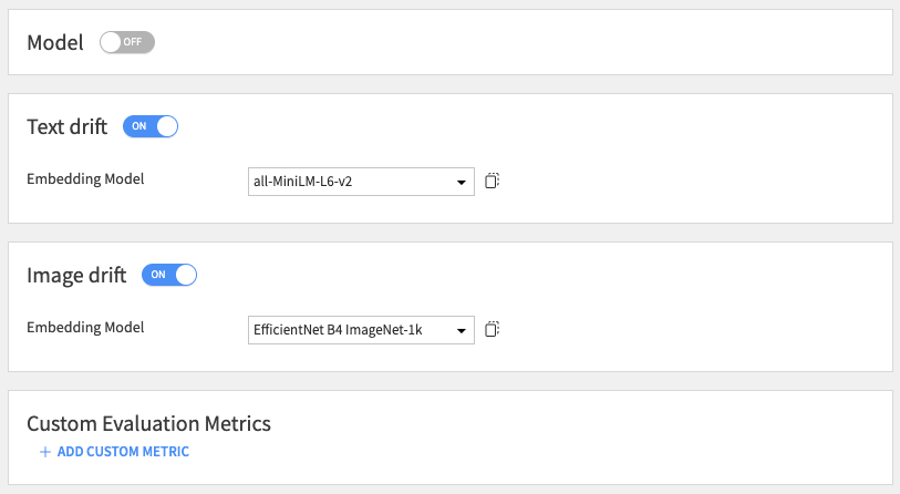 Sections to activate image or text drift in the Standalone Evaluation Recipe.