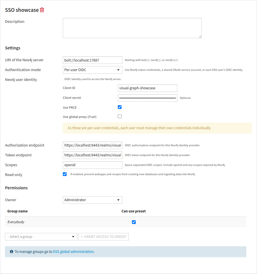 Neo4j connection preset configured for per-user OIDC
